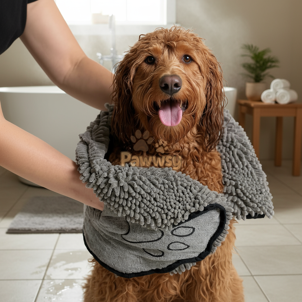 dog drying with super absorbent chenille bath towel in grey color