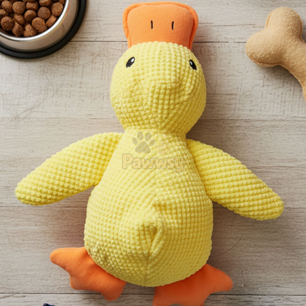 Yellow plush duck dog toy with built-in squeaker