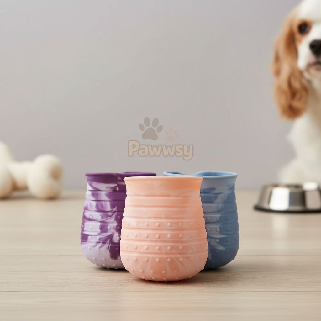 Dog paw cleaning cup with soft silicone brush gently washing muddy paws after a walk