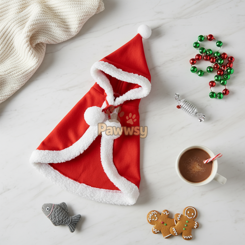 Festive pet Santa cloak for cats, soft fleece material.