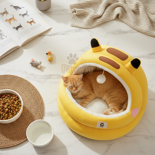 Soft enclosed pet bed in cheerful yellow, perfect for cats who love to nap in comfort
