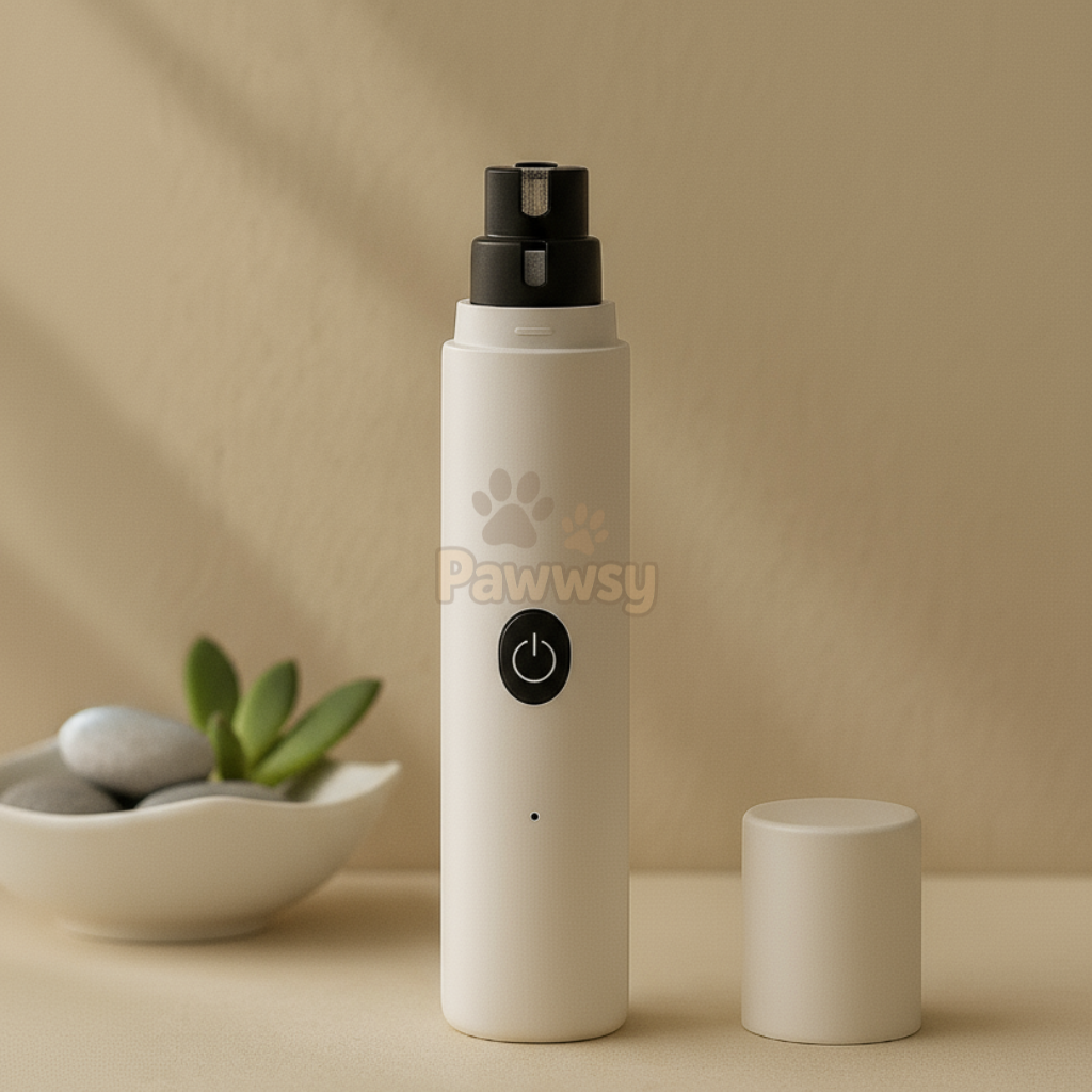 Close-up of cordless rechargeable dog nail trimmer designed for quiet, stress-free grooming