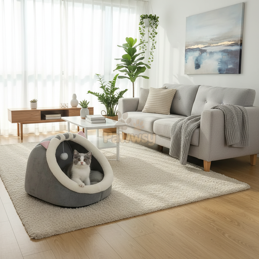 Soft cozy cat bed cave with removable cushion