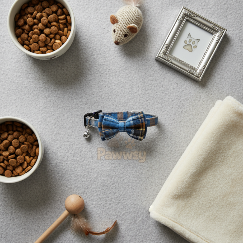 blue plaid Christmas cat collar with bow tie and bell.