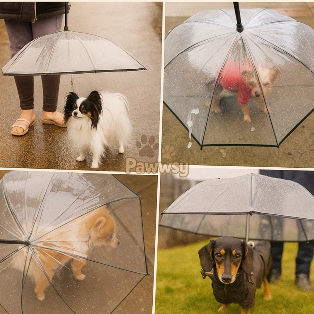 clear pet umbrella with handle keeping small dog dry outdoors