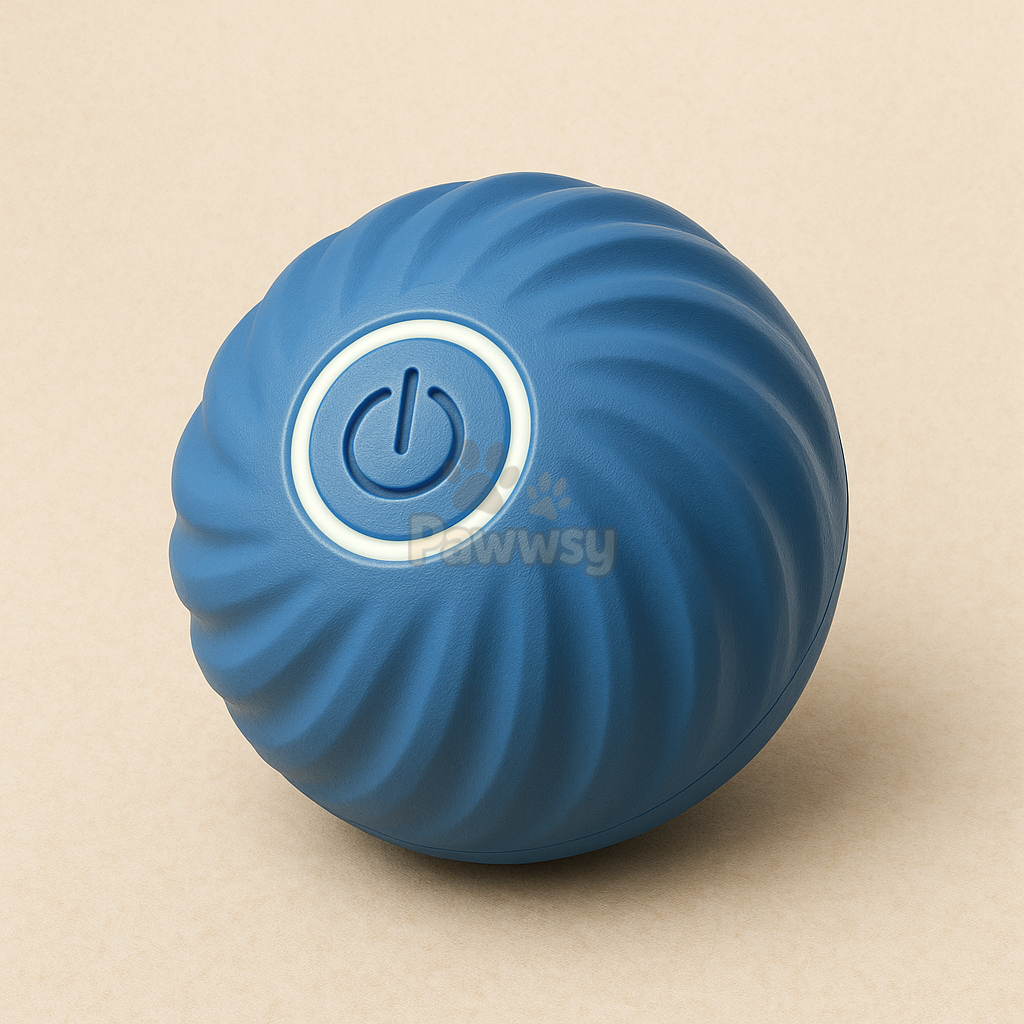 Interactive USB rechargeable dog toy ball by Pawwsy designed for indoor and outdoor use