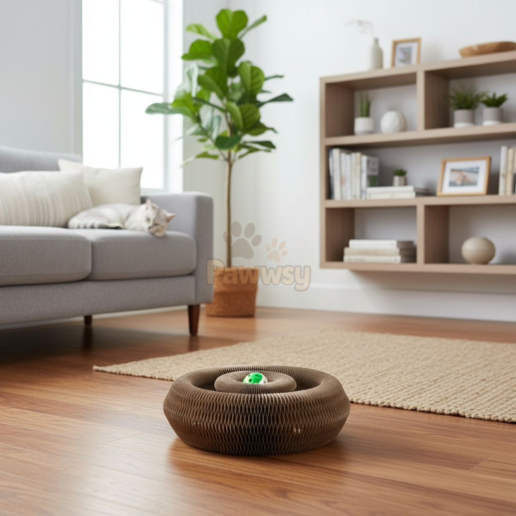 Expandable accordion cat scratcher toy with magnetic connection