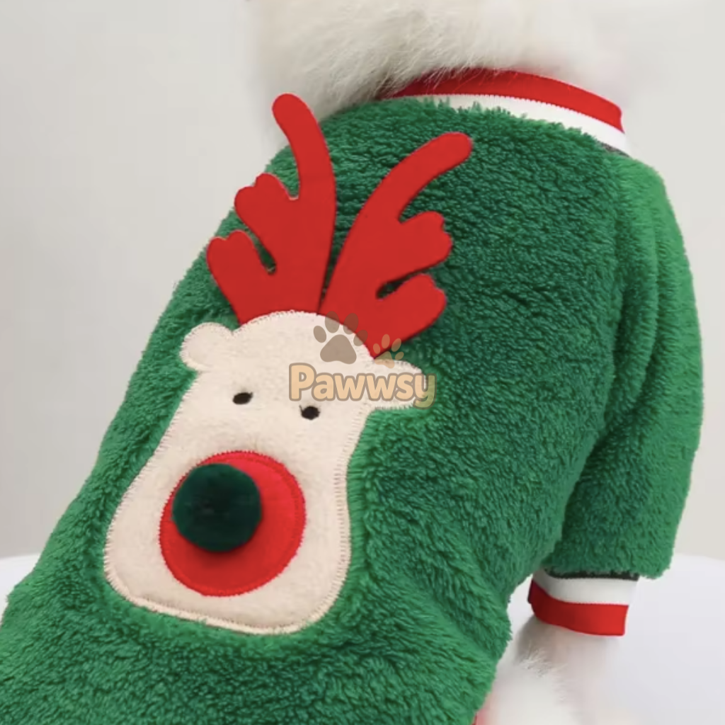 Dog wearing a green Christmas hoodie made of coral fleece.