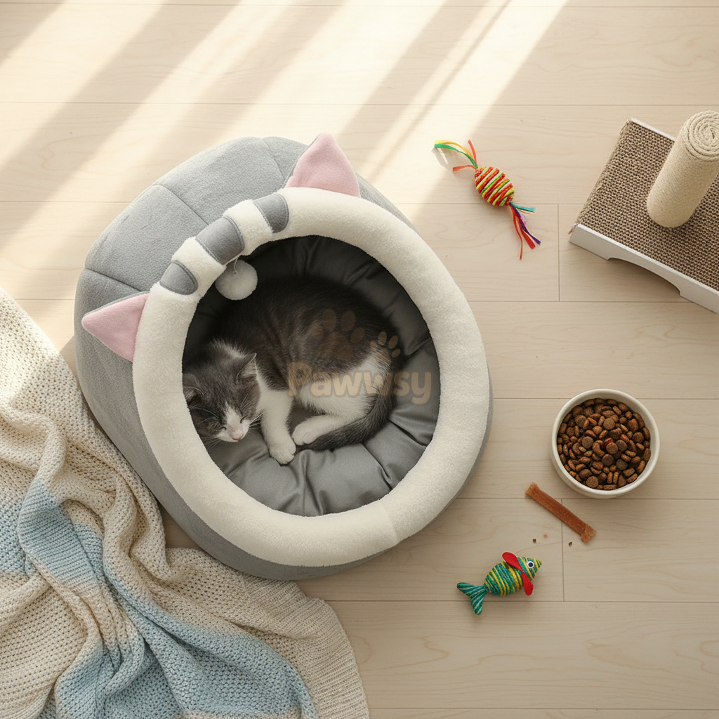 Cotton cat hideout bed with animal ears and pompom toy
