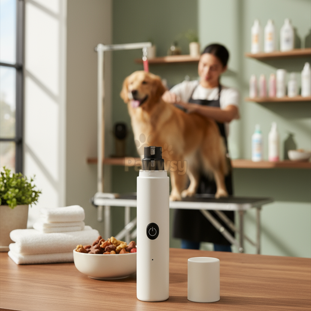 Pet owner using Pawwsy electric nail grinder to groom dog’s nails at home