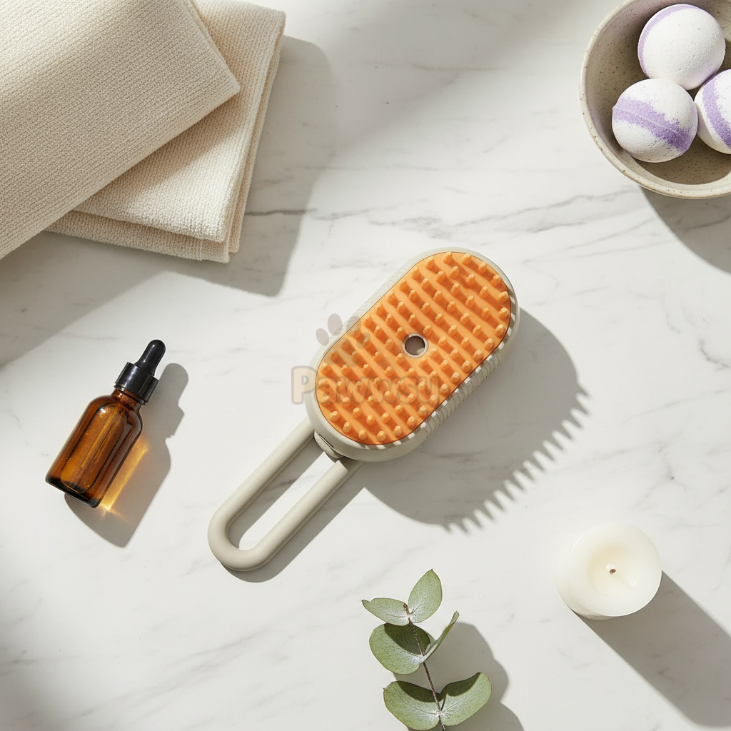 handheld pet brush with steam mist for detangling and coat care