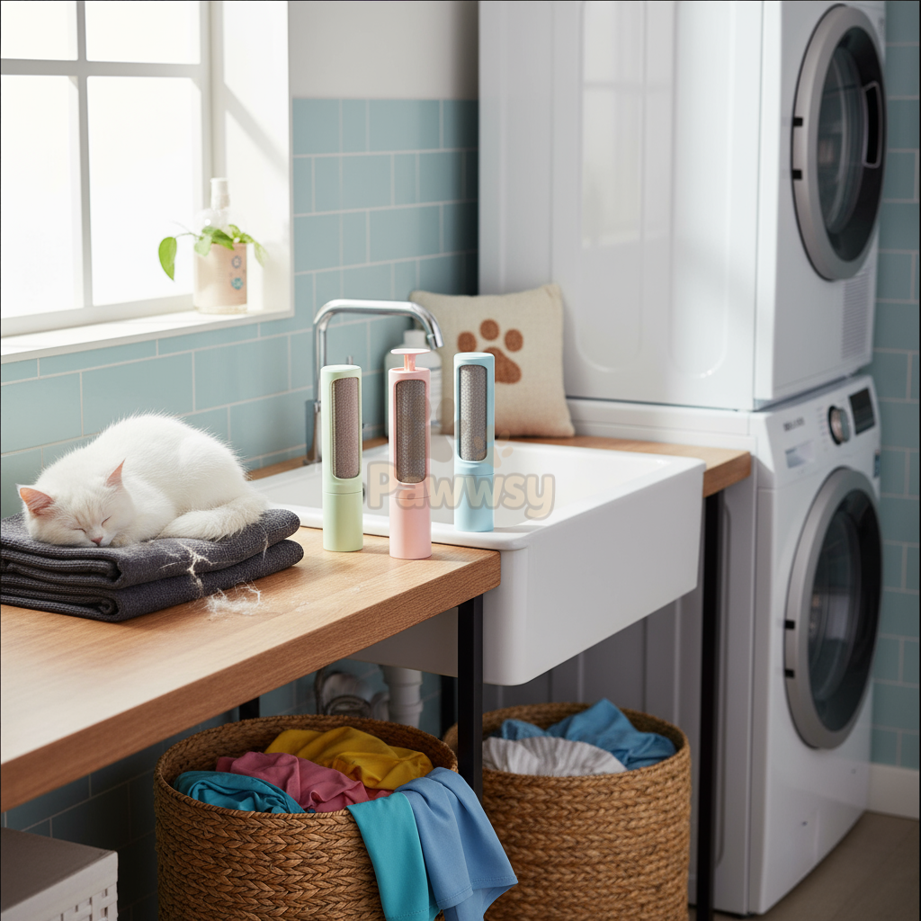 Pawwsy lint roller removing cat and dog hair from clothes and furniture