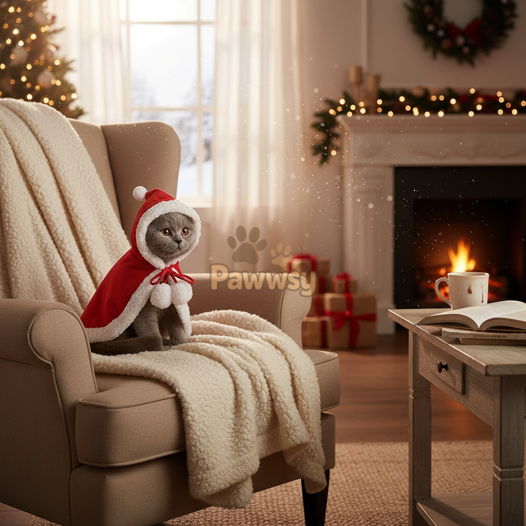 Cat wearing red Santa cape with white trim sitting by Christmas tree.