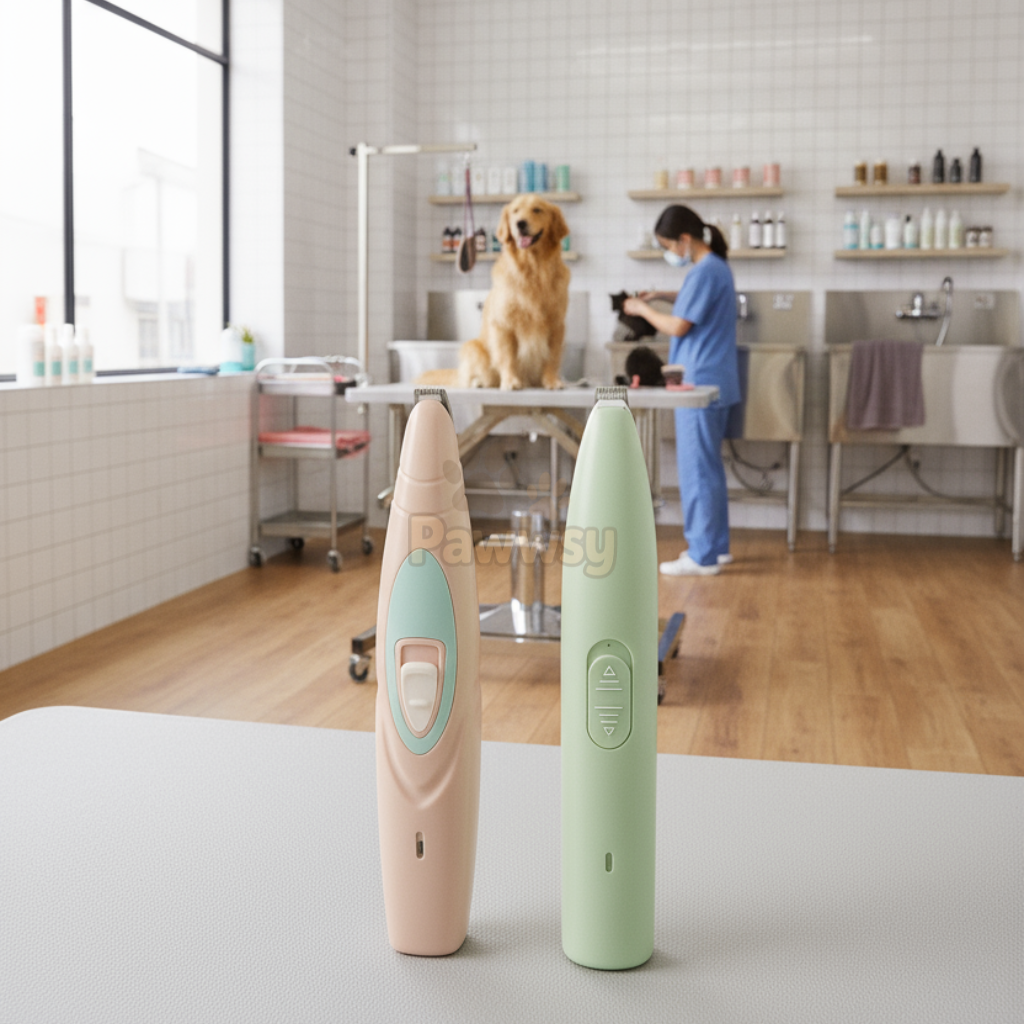 Pet owner trimming dog’s fur at home using a cordless Pawwsy grooming clipper