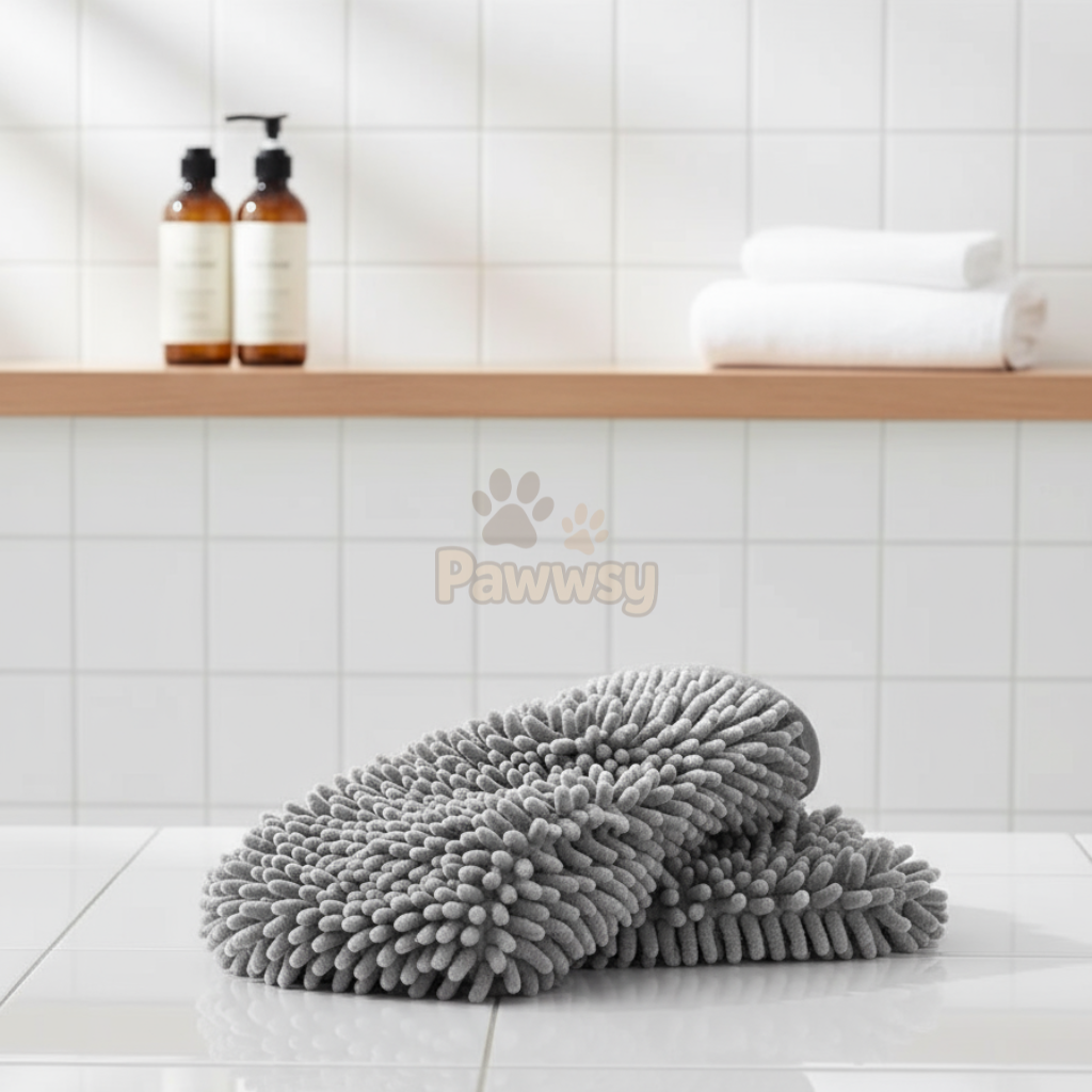 Gray Chenille Bath Dog Towel on a white tiled bathroom floor with a wooden shelf in the background.