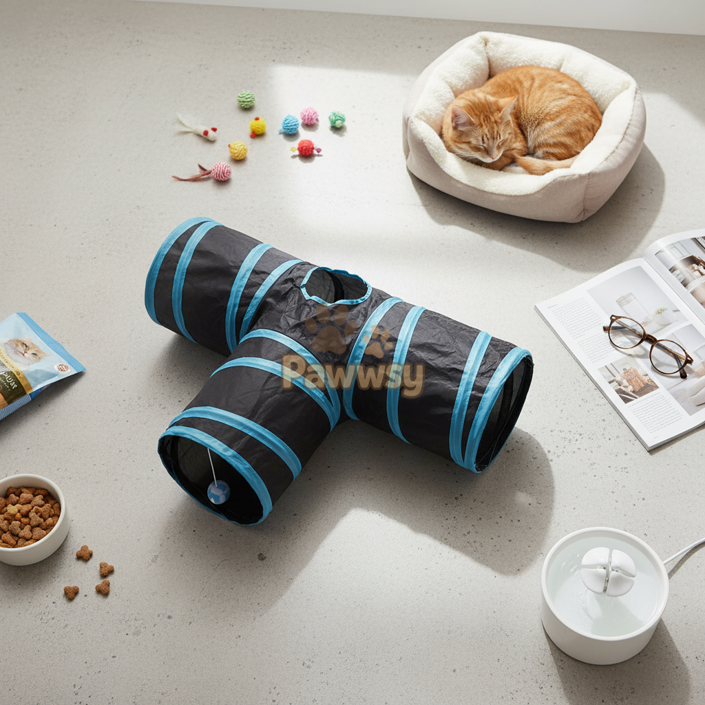 Pawwsy foldable cat tunnel play set with hanging toy ball