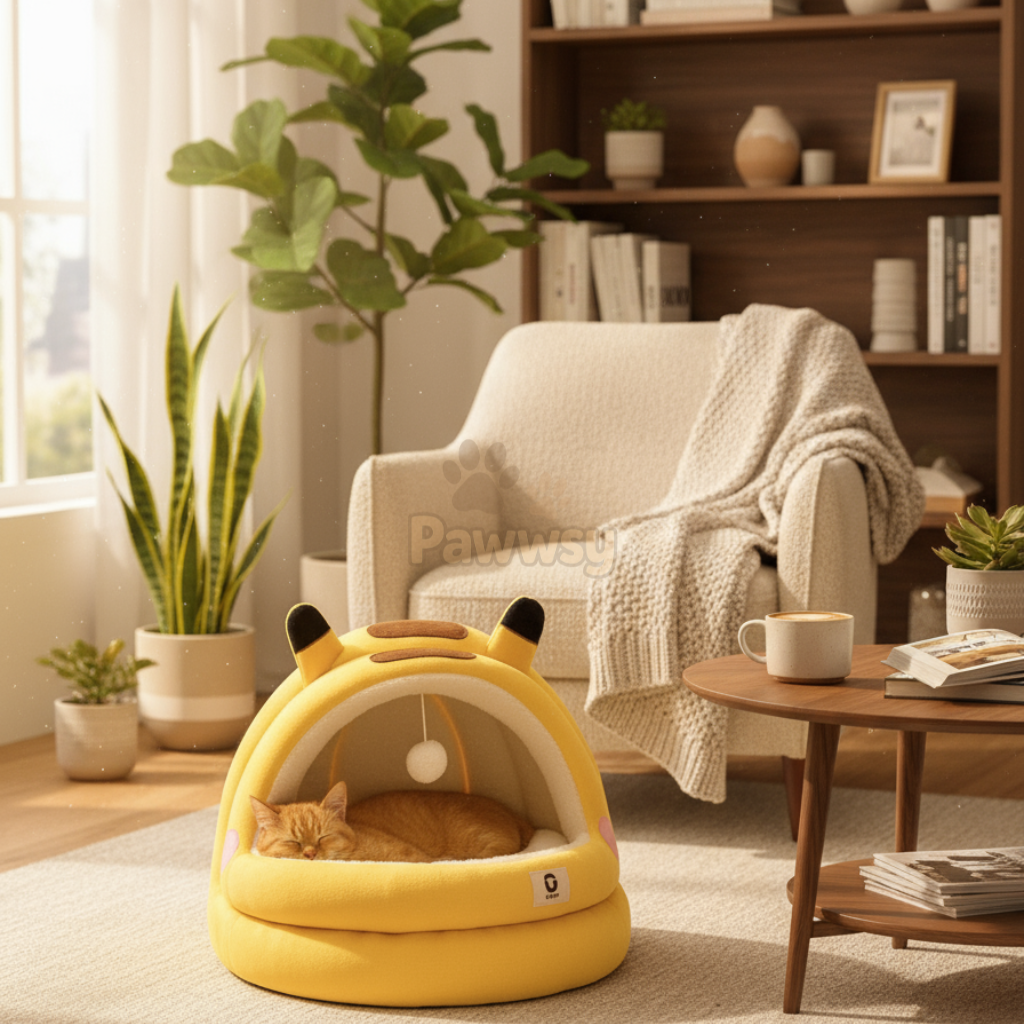 Cozy yellow cat bed with a sleeping cat in a warm, sunlit living room