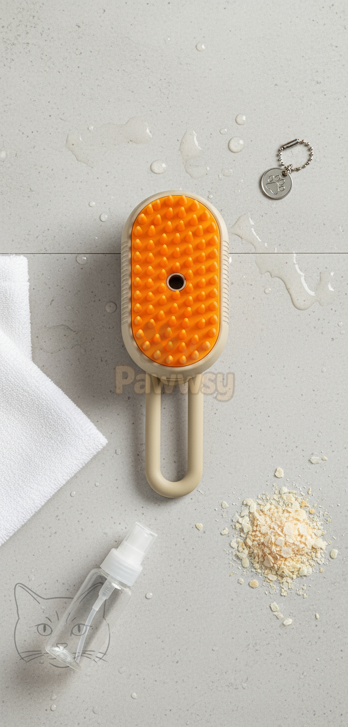 3-in-1 steam pet brush removing cat hair with gentle mist and silicone bristles