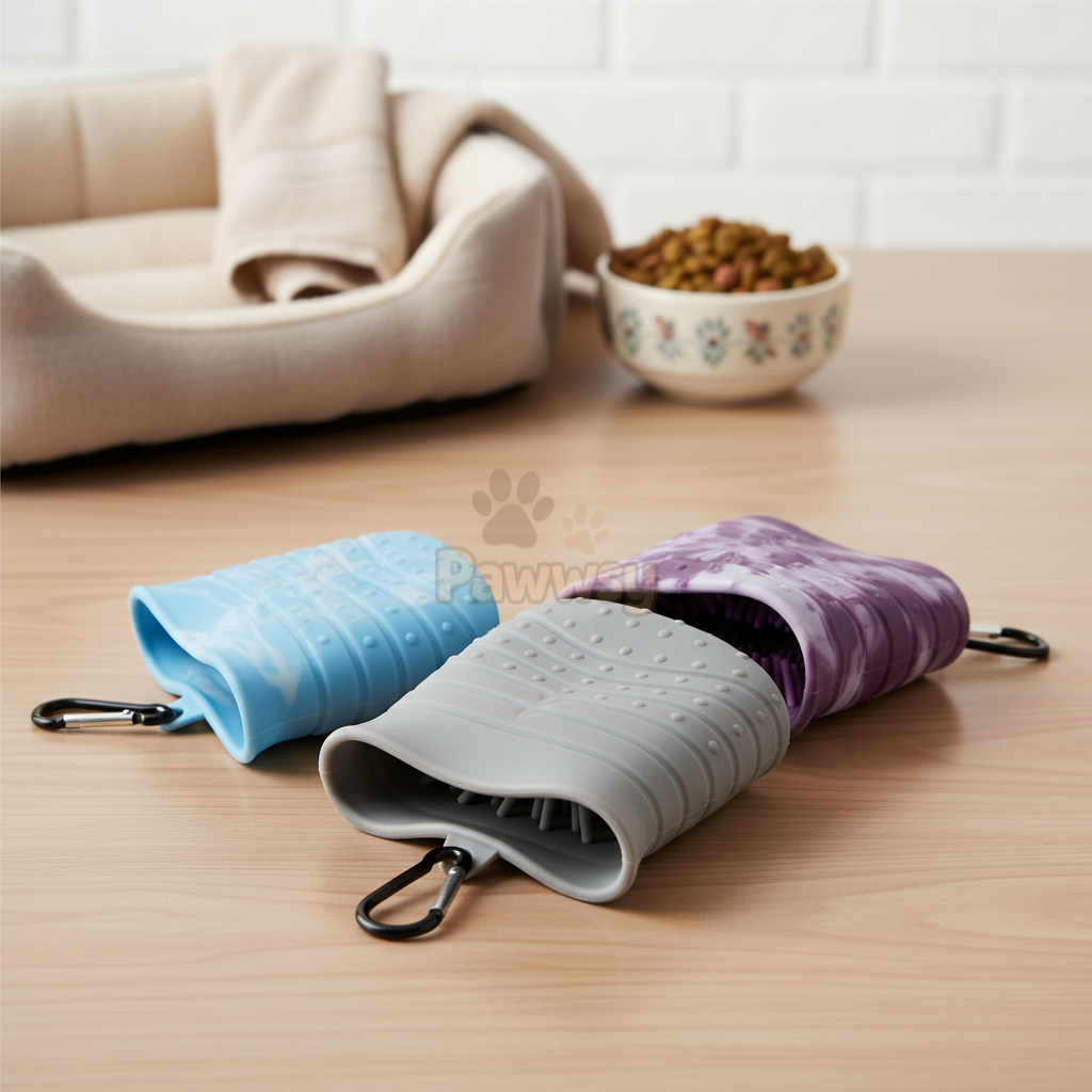 Pet owner using a Pawwsy paw cleaning cup to rinse and clean dog’s paws with silicone bristles