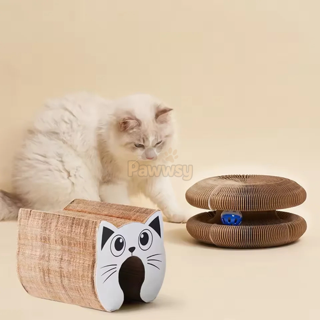 Cat scratcher toy forming tunnel shape with built-in bell ball