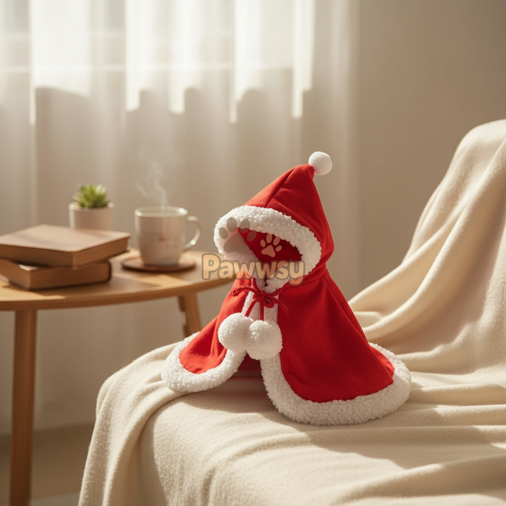 Red Christmas pet cape with tie closure for cats