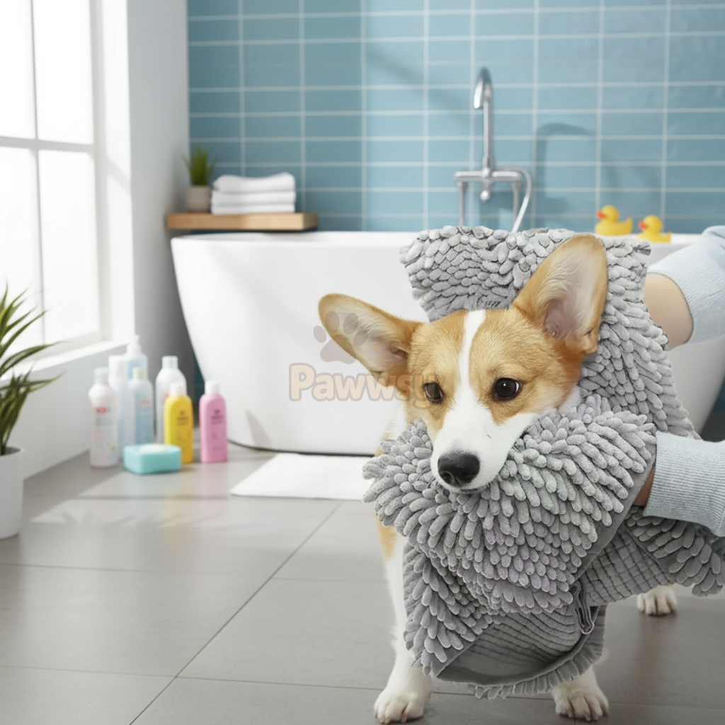 Pawwsy quick dry dog towel made from soft coral fleece with hand pockets