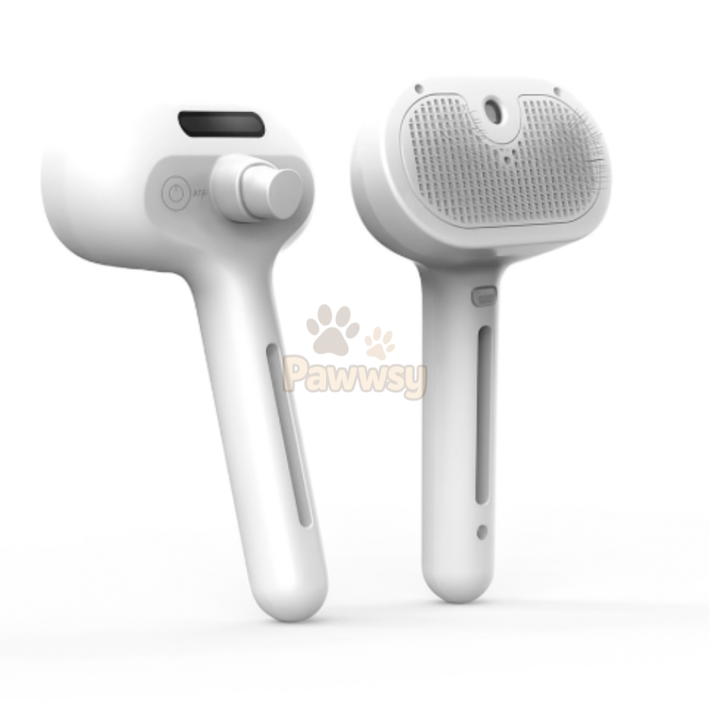 white Pawwsy grooming brush for cats and dogs with built-in sprayer