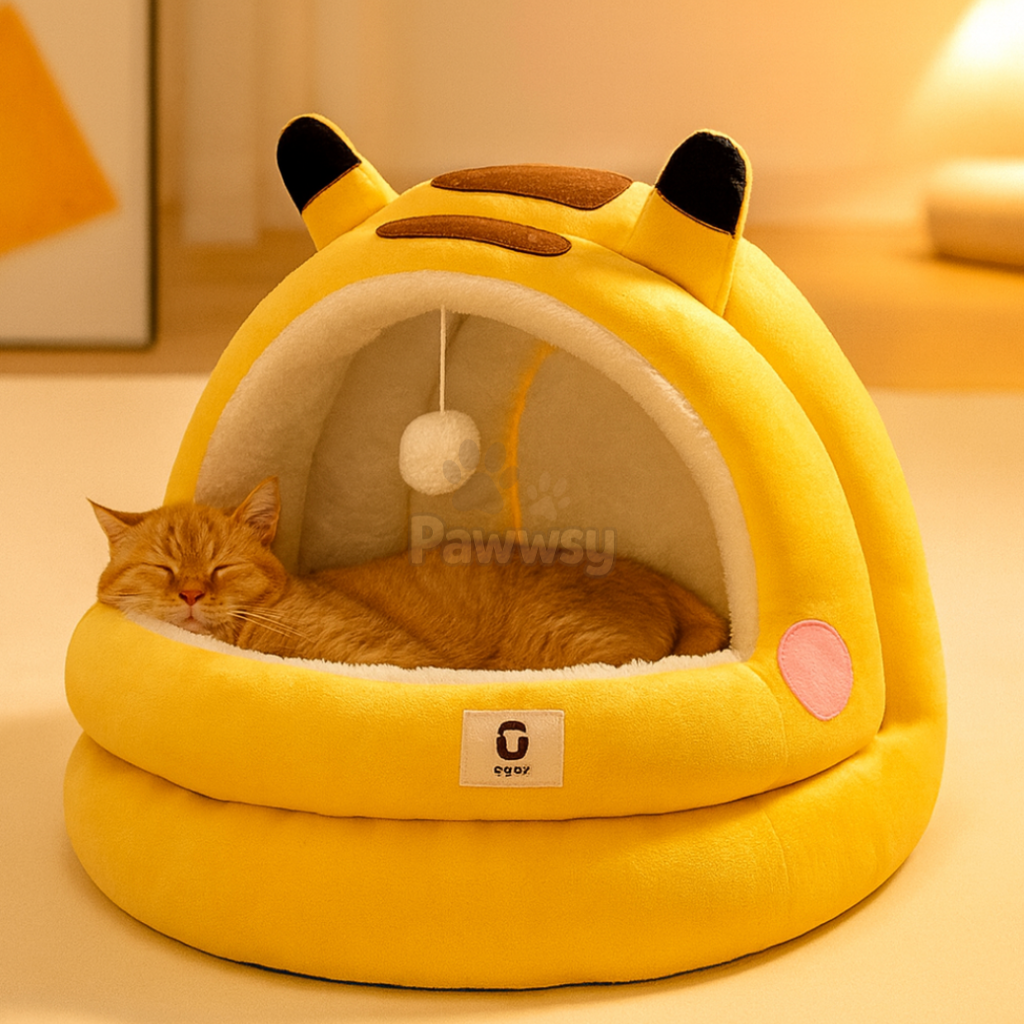 Cozy plush cat bed with ears – warm covered cat house