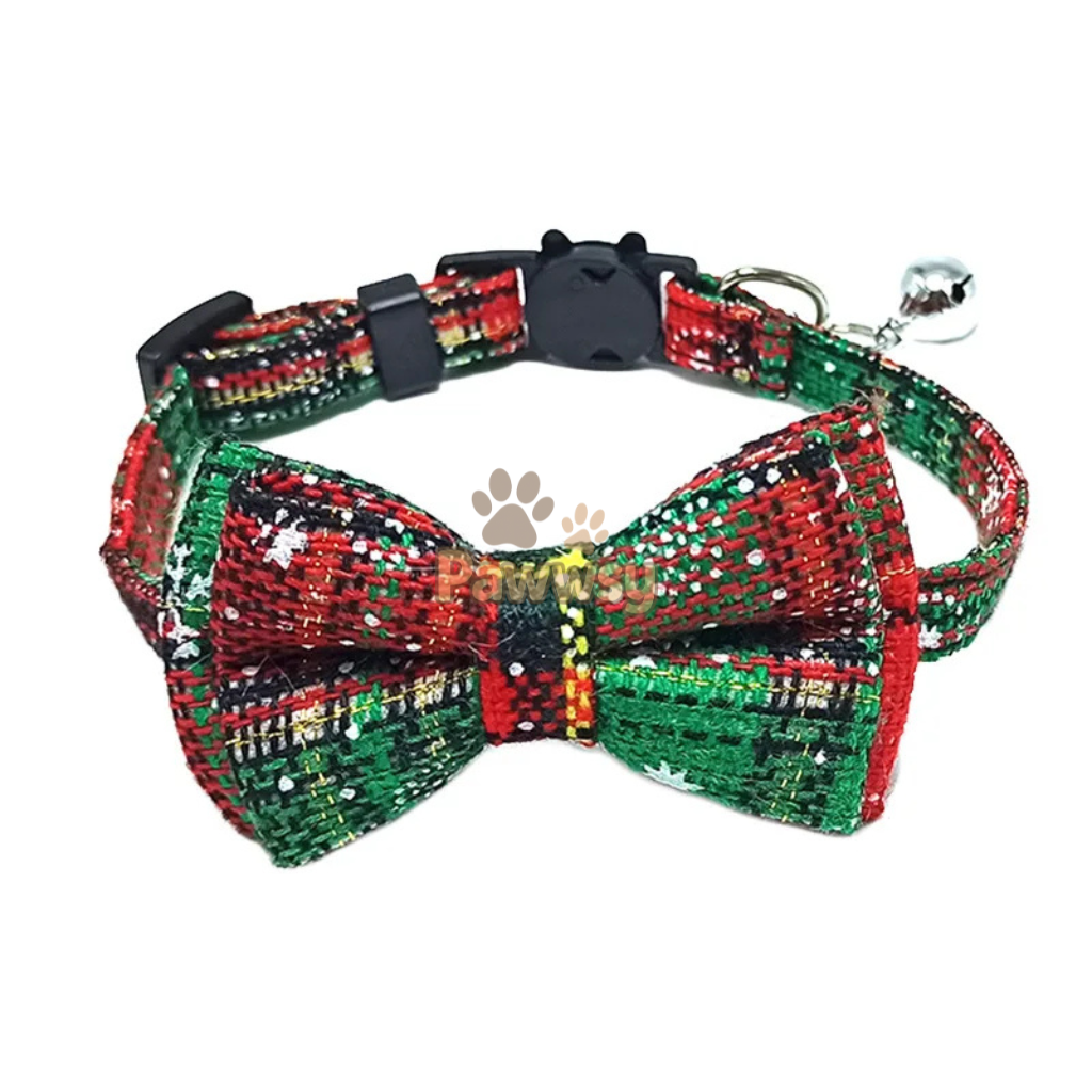 Christmas Plaid Cat Collar | Adjustable Breakaway Bow Tie with Bell