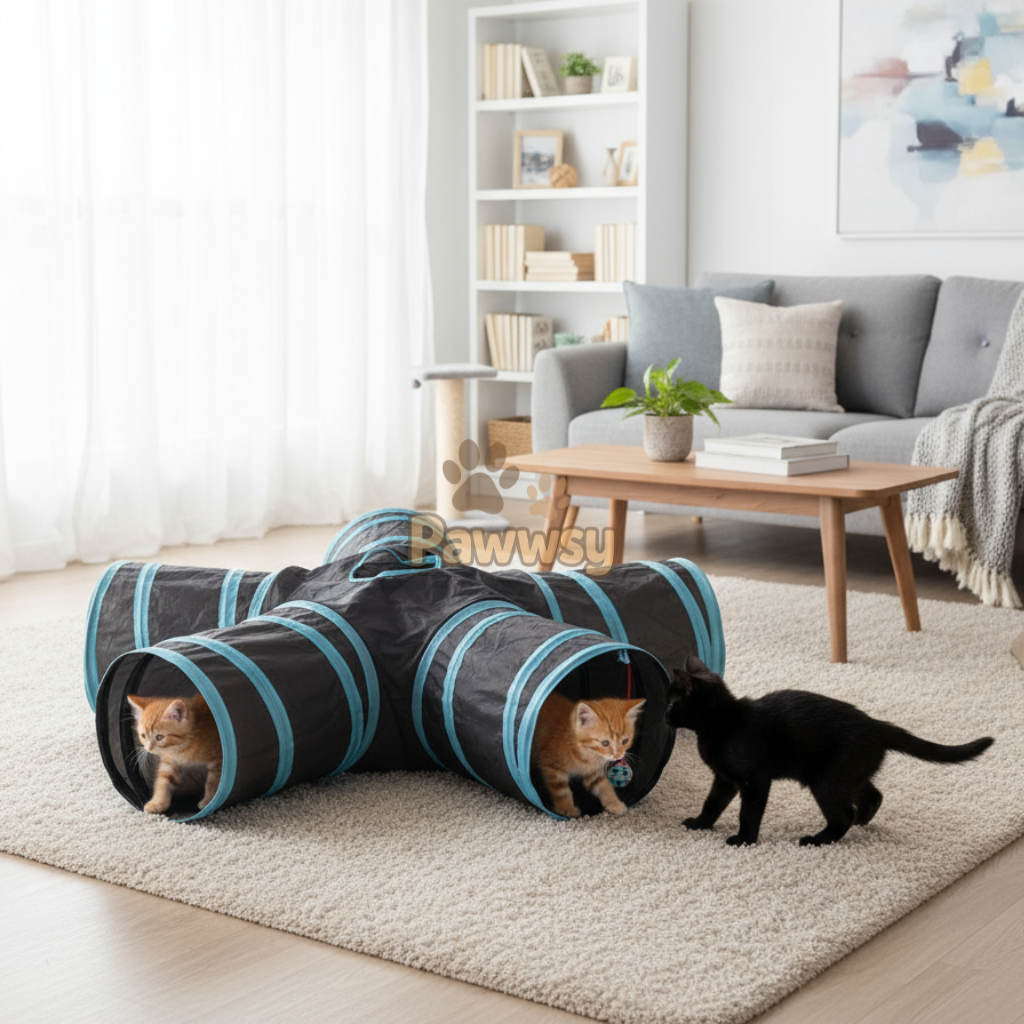 cats playing in multi-way polyester tunnel set for indoor fun