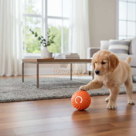 Orange automatic motion ball for dogs featuring obstacle sensors and durable design