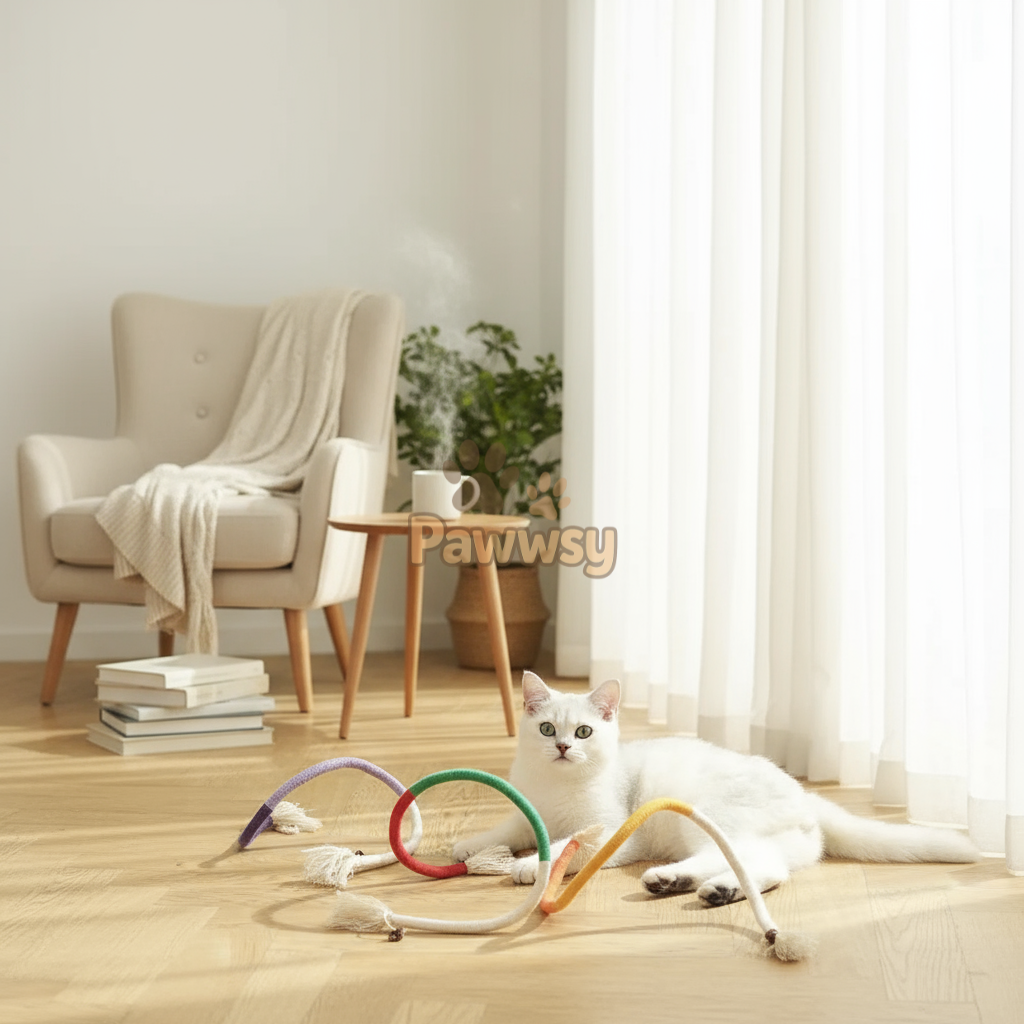 White cat playing with a colorful toy on a wooden floor in a bright room.