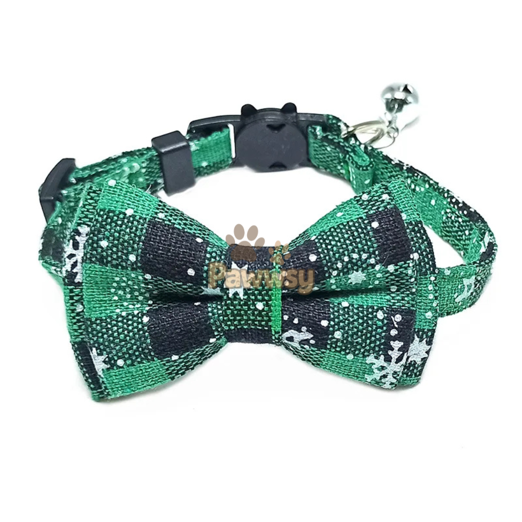 Christmas Plaid Cat Collar | Adjustable Breakaway Bow Tie with Bell