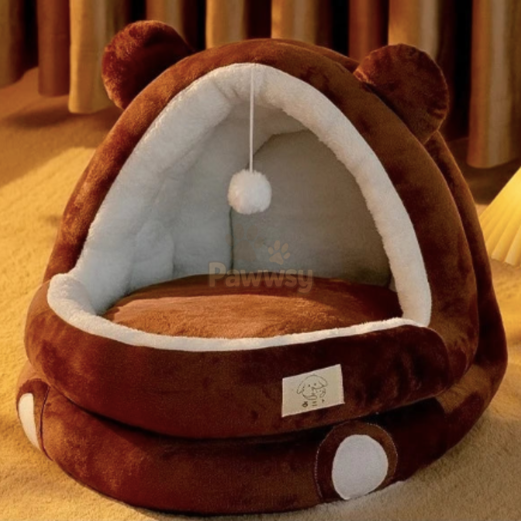 Cozy Animal Plush Cat Bed | Warm Covered Cat Cave for Indoor Cats