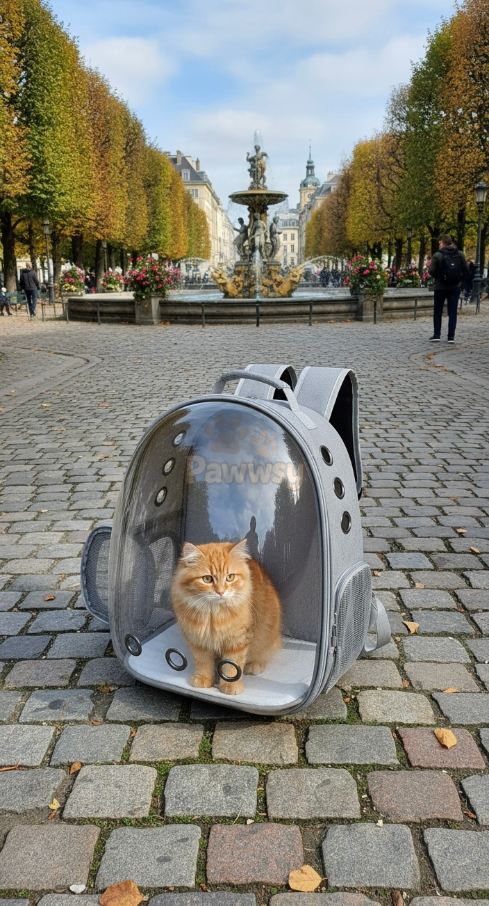 Cat inside transparent capsule pet carrier backpack